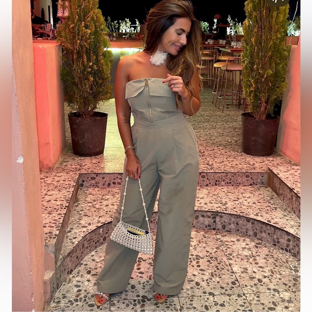 Zara NWT pale olive green zipper front foldover strapless bandeau tube jumpsuit - Picture 5 of 17